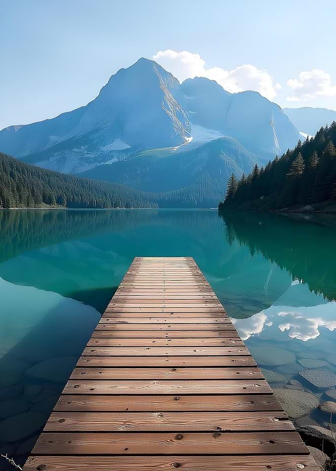 Lake and Mountain View with wooden Pier Nature