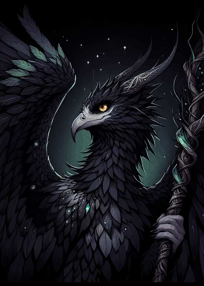 Dark Feathered Creature with Staff