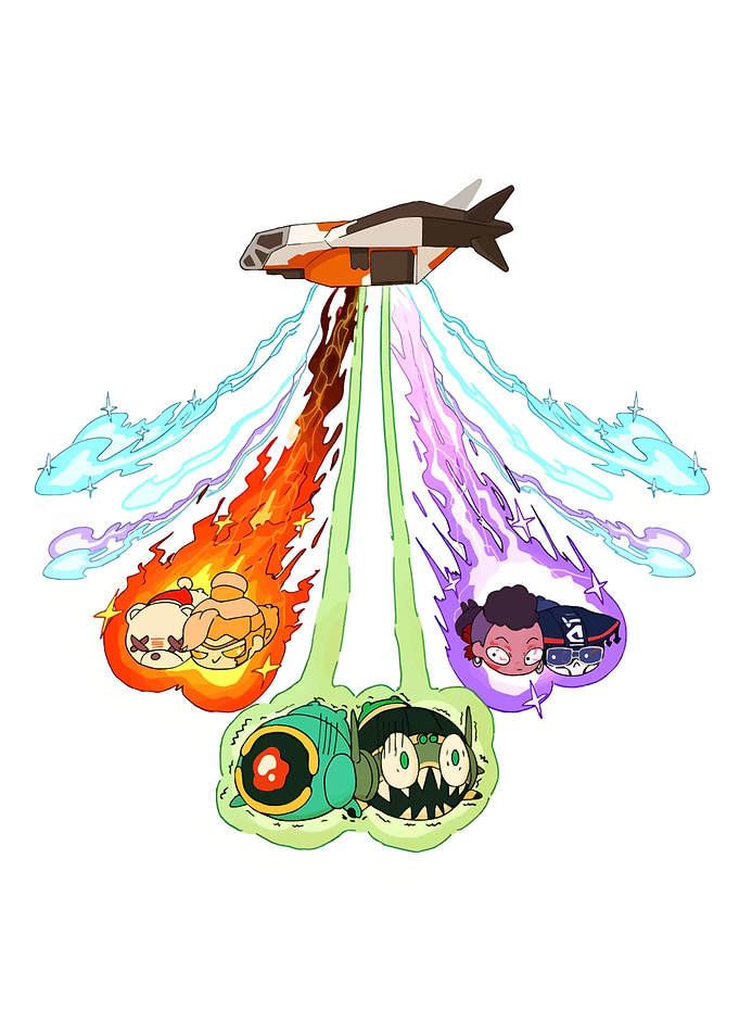 Cartoon spaceship with colorful energy beams
