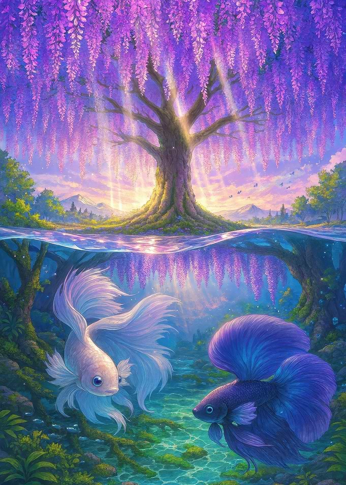 Fantasy Landscape with Fish and Wisteria