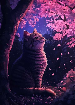 Cat under Cherry Blossom Tree