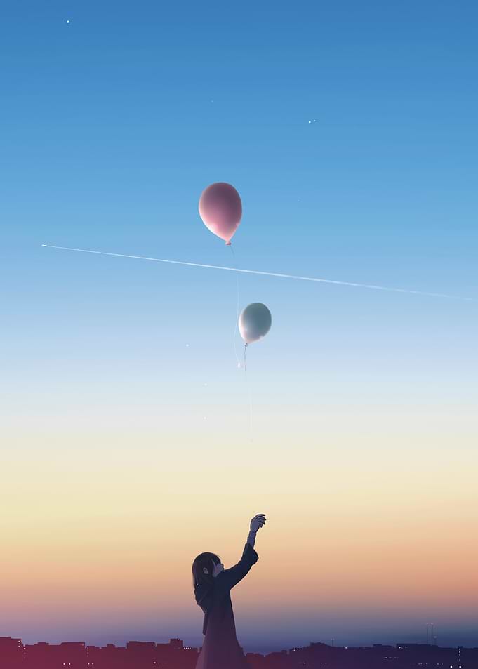 Girl Reaching for Balloons in Sky