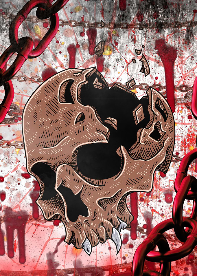 Cracked Skull with Chains and Blood