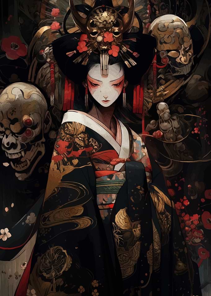 Geisha with Oni Masks Digital Art