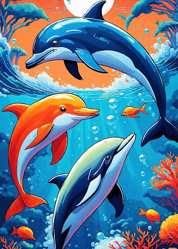 Colorful Dolphins Underwater