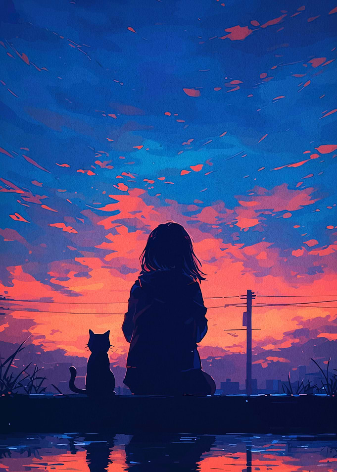 Girl and Cat at Sunset