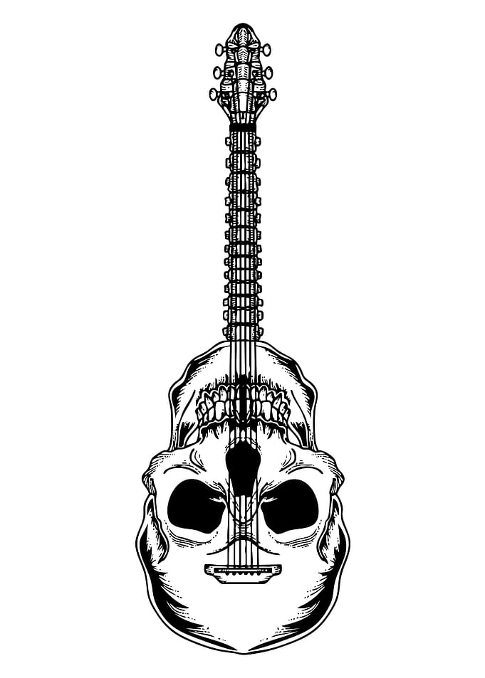 Skull Guitar Black and White Illustration