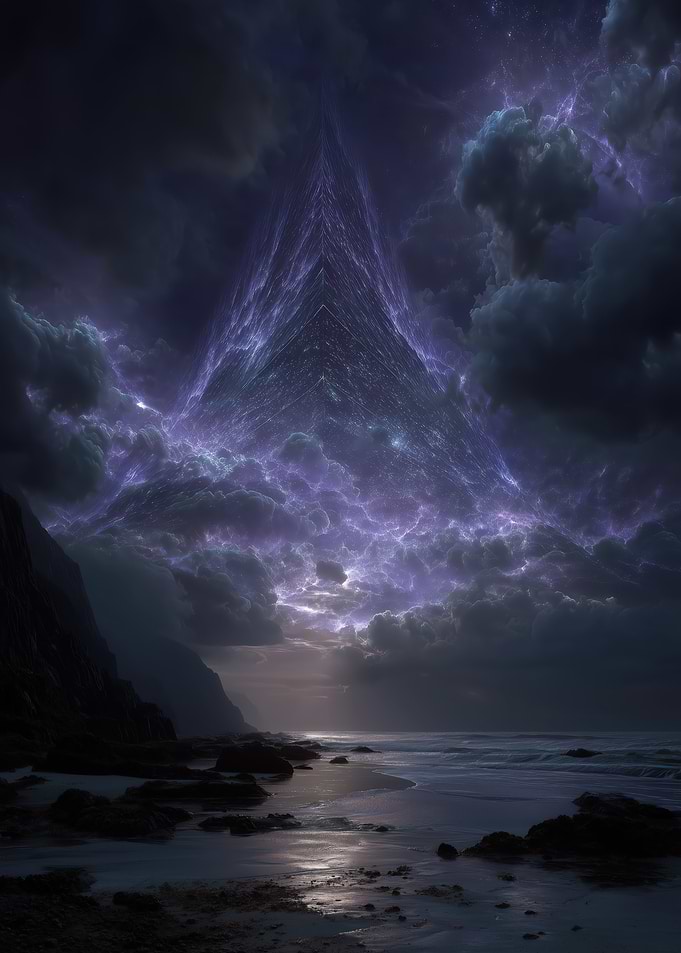 Mystical Beach with Triangular Cloud Formation
