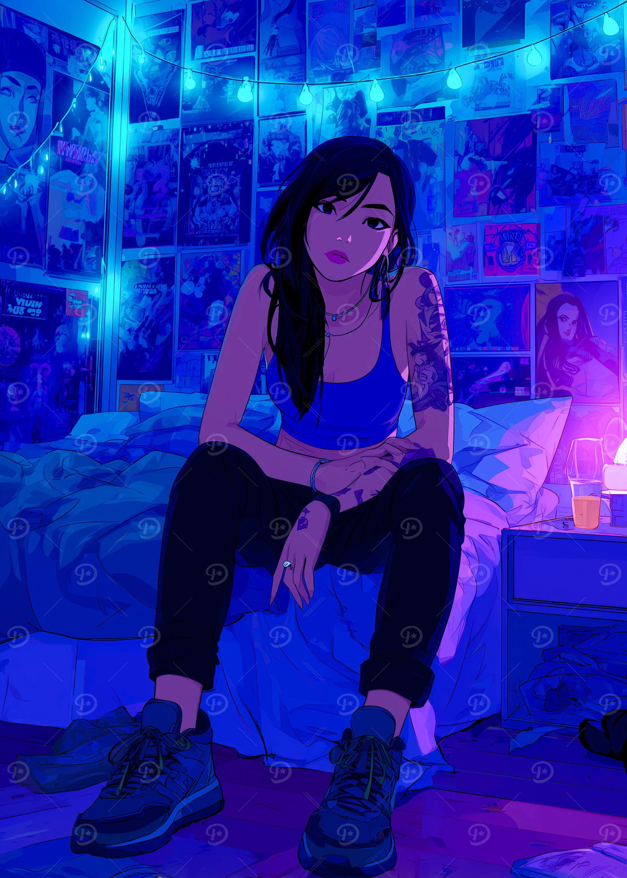 Blue Room Anime Girl with posters Illustration