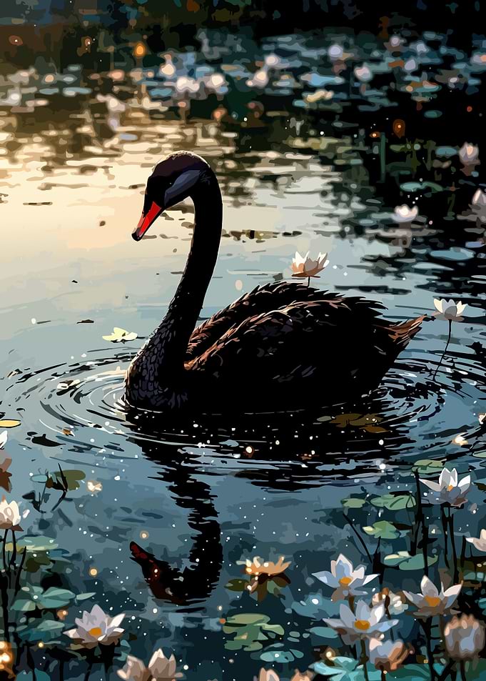 Black Swan in Lily Pond