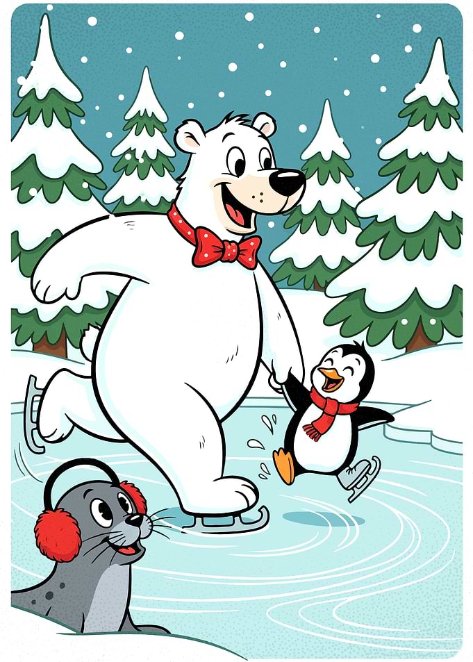 Cartoon Animals Ice Skating in Winter