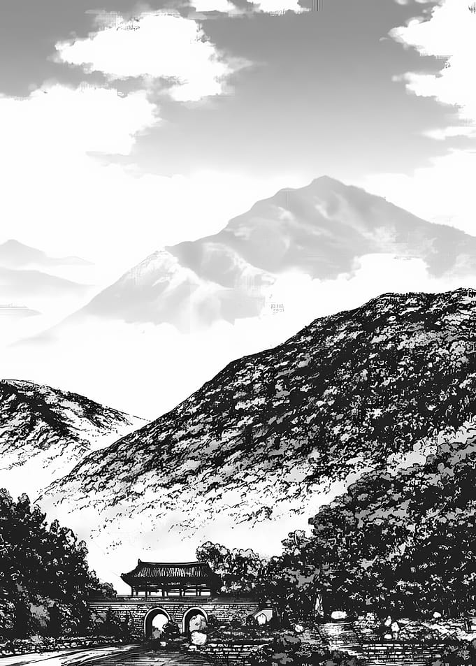 Monochrome Mountain Landscape with Traditional Bridge