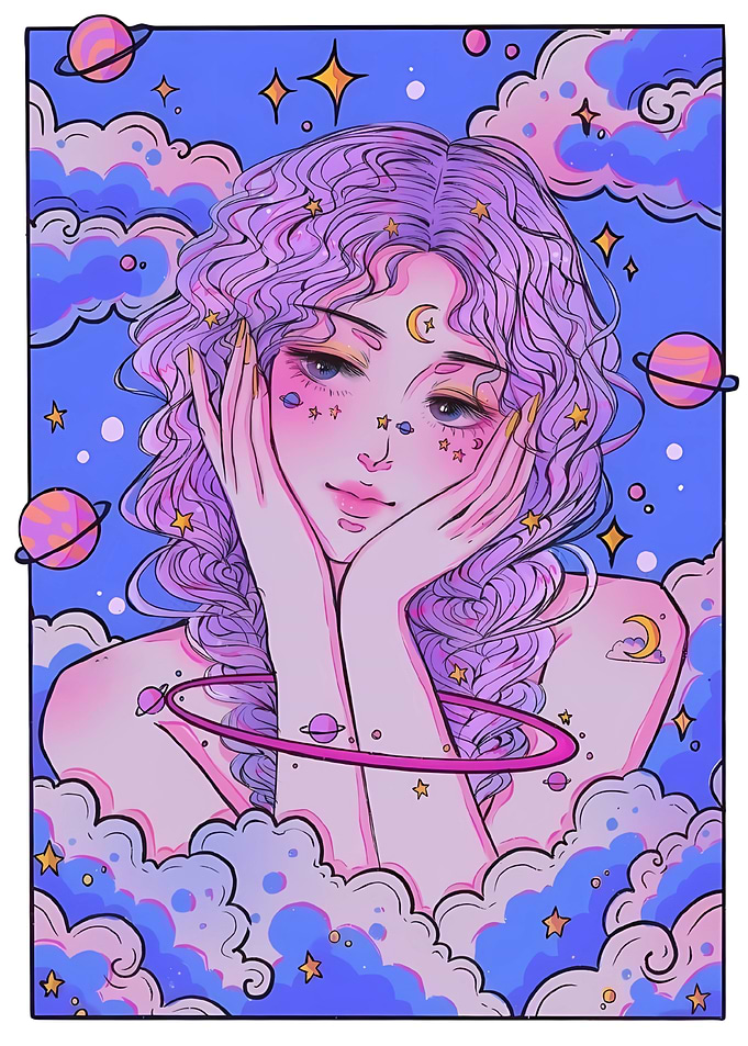 Dreamy Girl in Space with Clouds