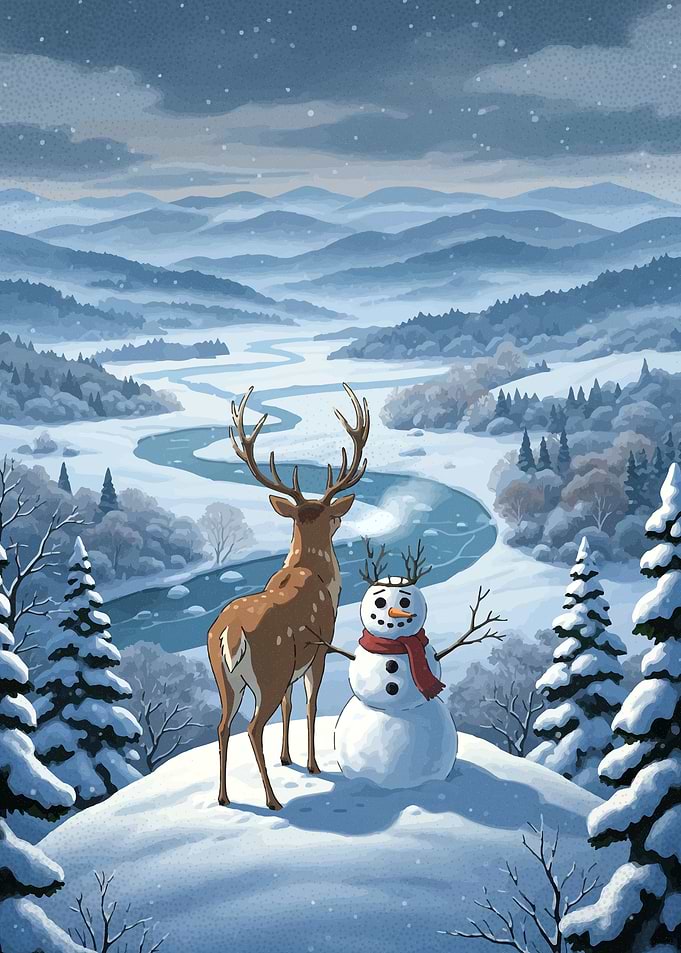 Deer and Snowman Winter Landscape