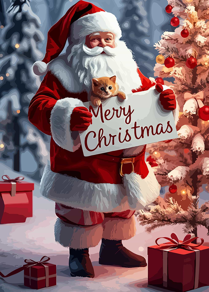 Santa Claus with Kitten and Sign