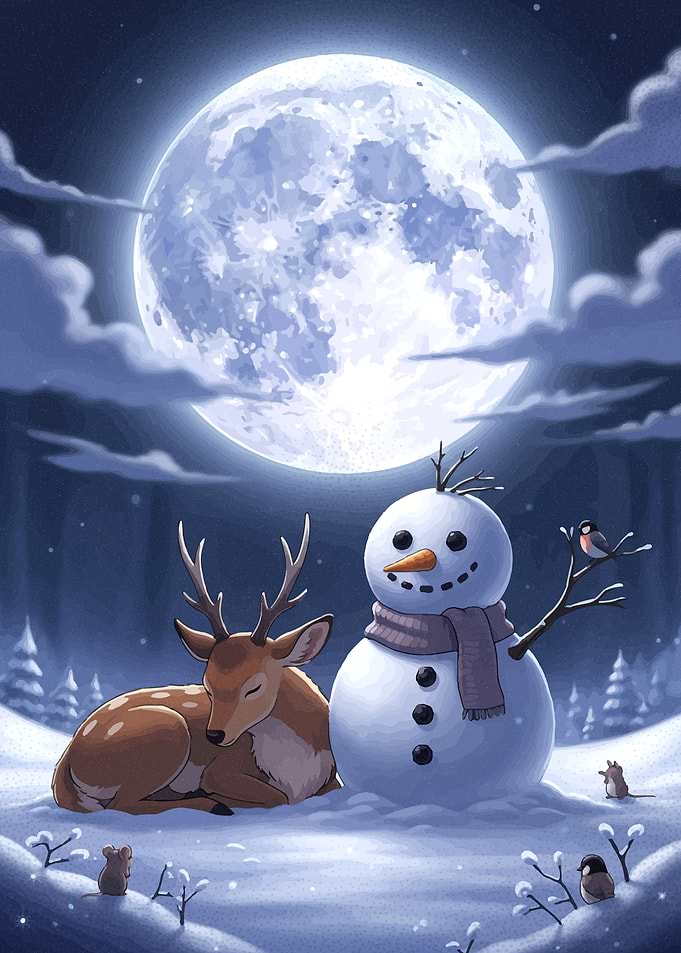 Winter Night Scene with Snowman and Deer