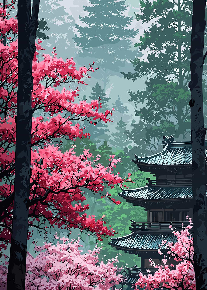 Japanese Pagoda with Cherry Blossoms