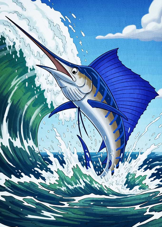 Marlin Leaping Ocean Wave