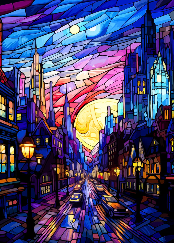 Stained Glass Cityscape at Sunset