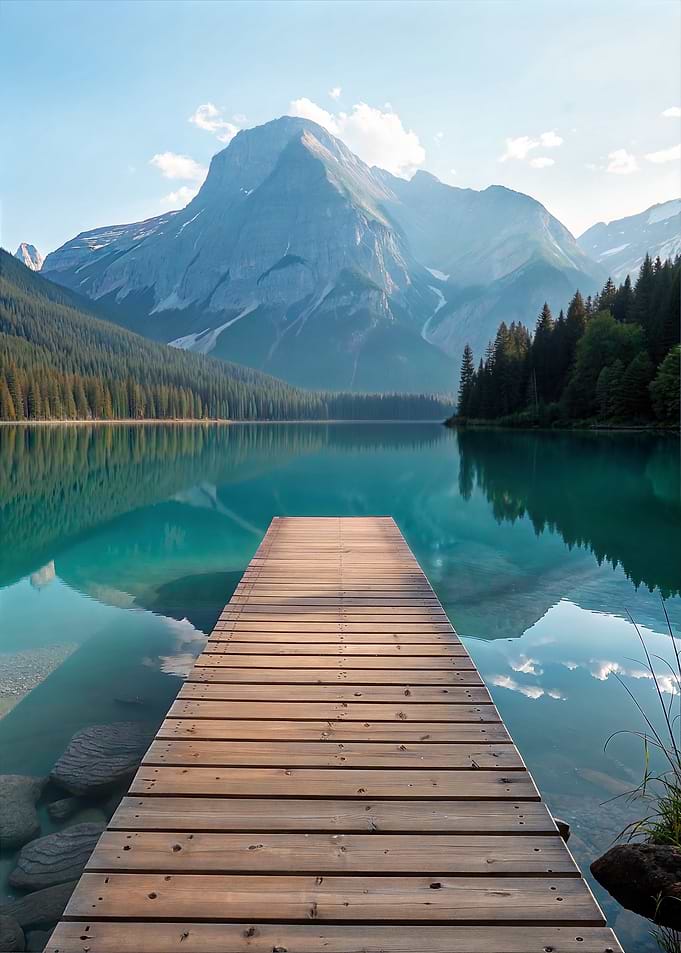 Lake by Mountains with Wooden Dock Pier