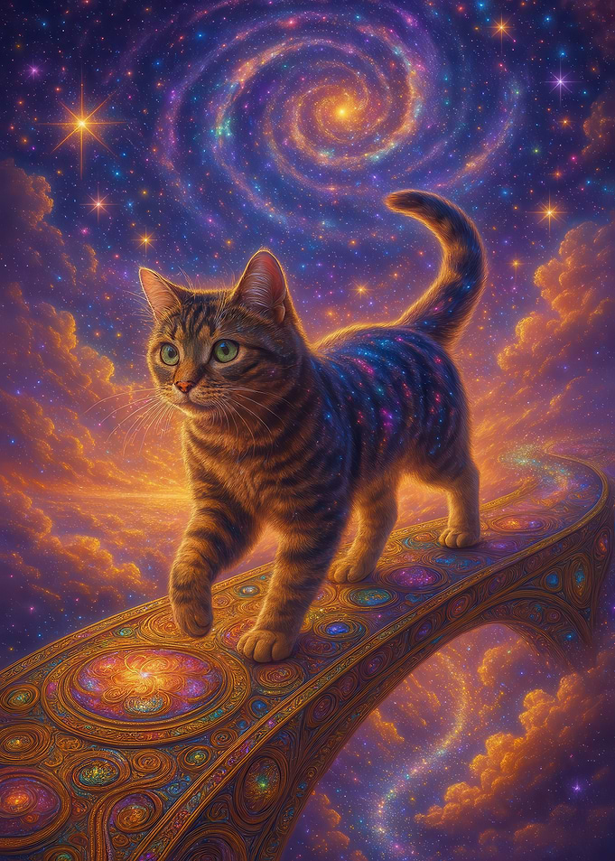 Cosmic Cat on Ornate Bridge
