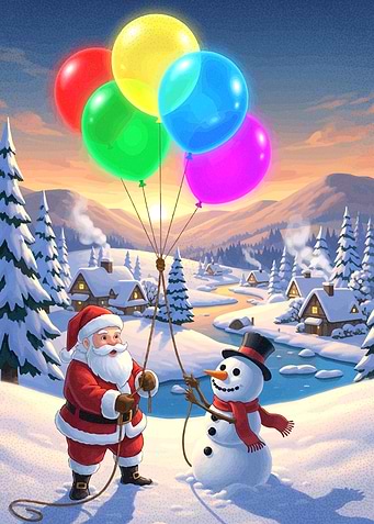 Santa, Snowman, and Colorful Balloons