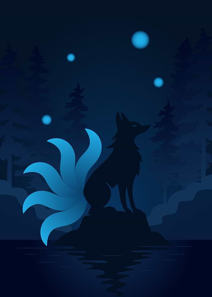 Mystical Kitsune – Nine-Tailed Fox in a Dark Forest