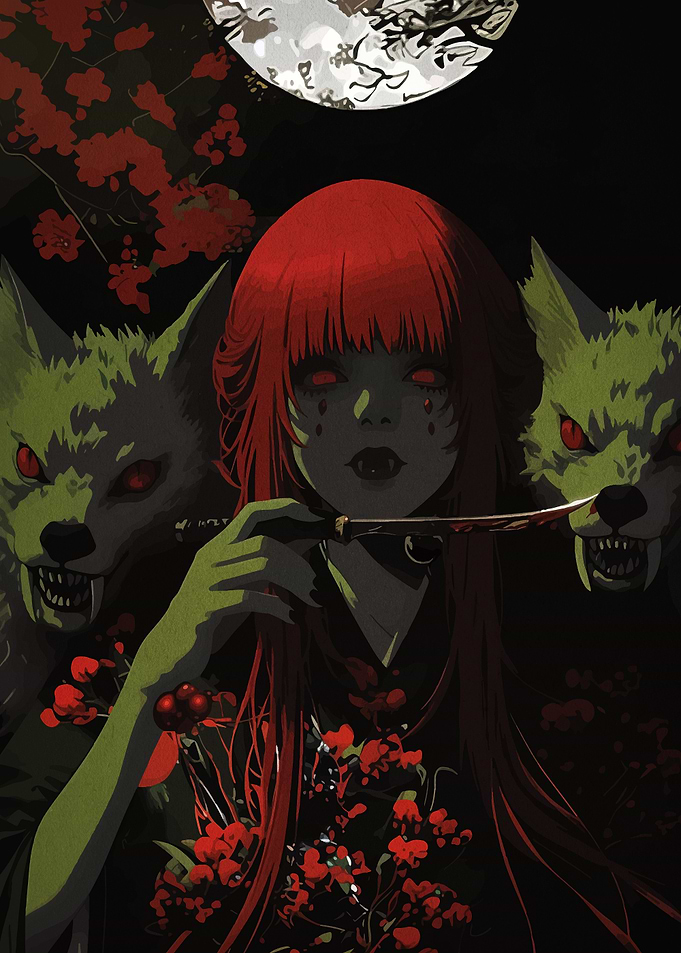 Red-haired woman with wolves and knife