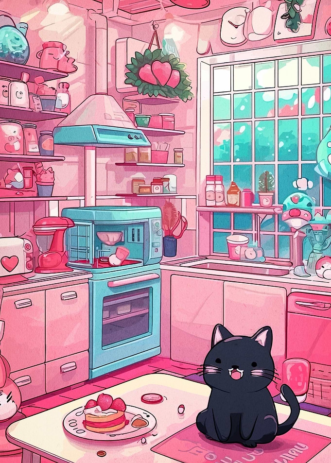 Cute Cat in Pink Kitchen Illustration