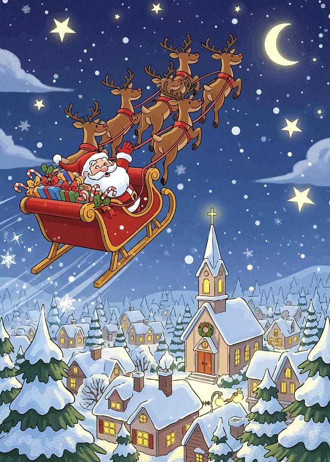 Santa Claus flying over snowy town