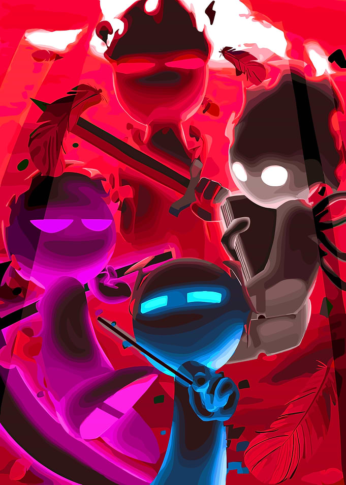 Abstract Figures with Weapons and Book