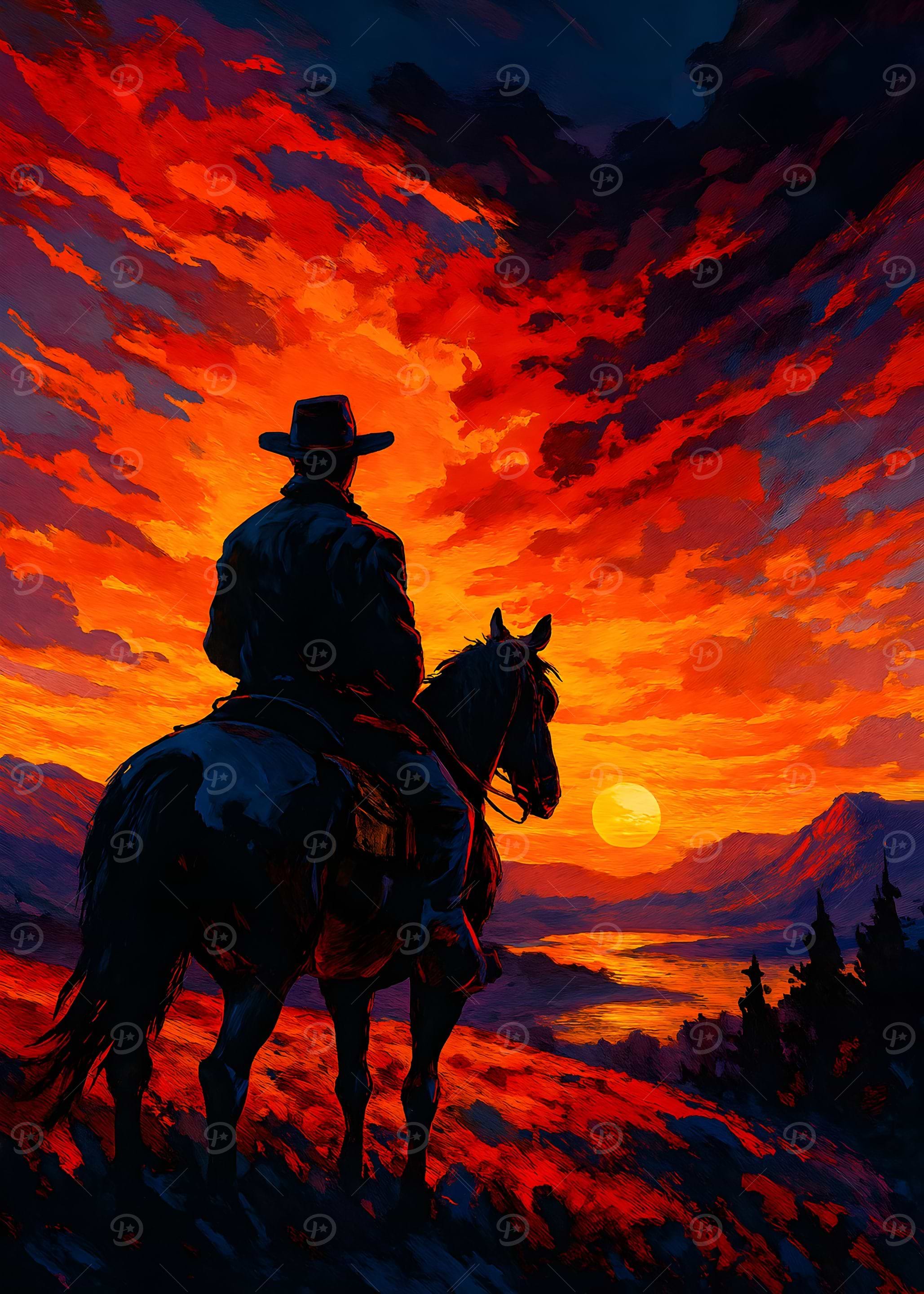 Cowboy on Horseback at Sunset