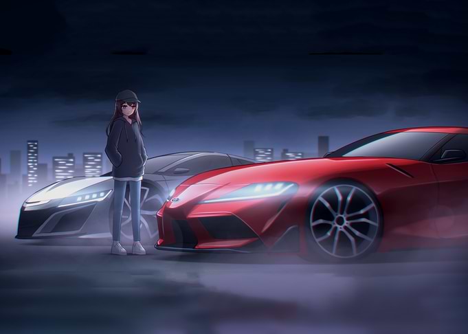 Anime girl with sports cars at night