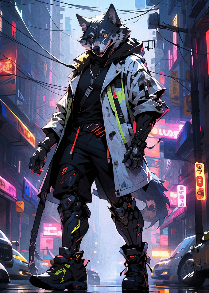 Cyberpunk Wolf Character in Cityscape