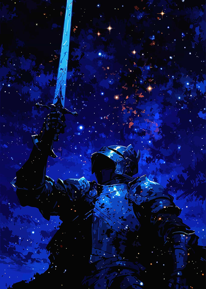Knight with Sword Under Starry Sky