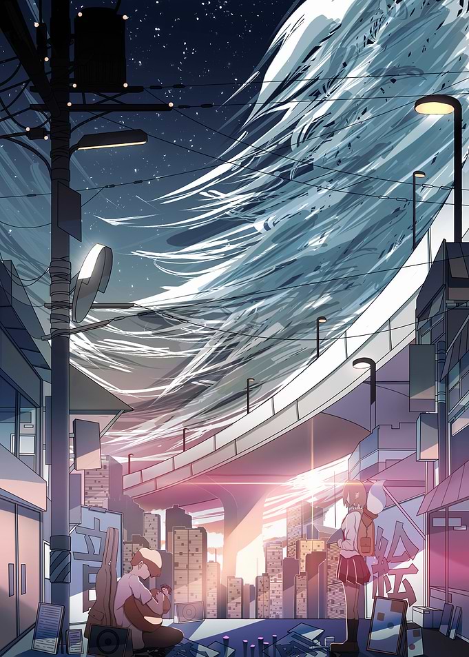 Anime Cityscape with Musician and Student