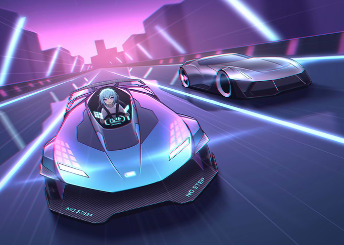 Futuristic Car Race with Anime Girl