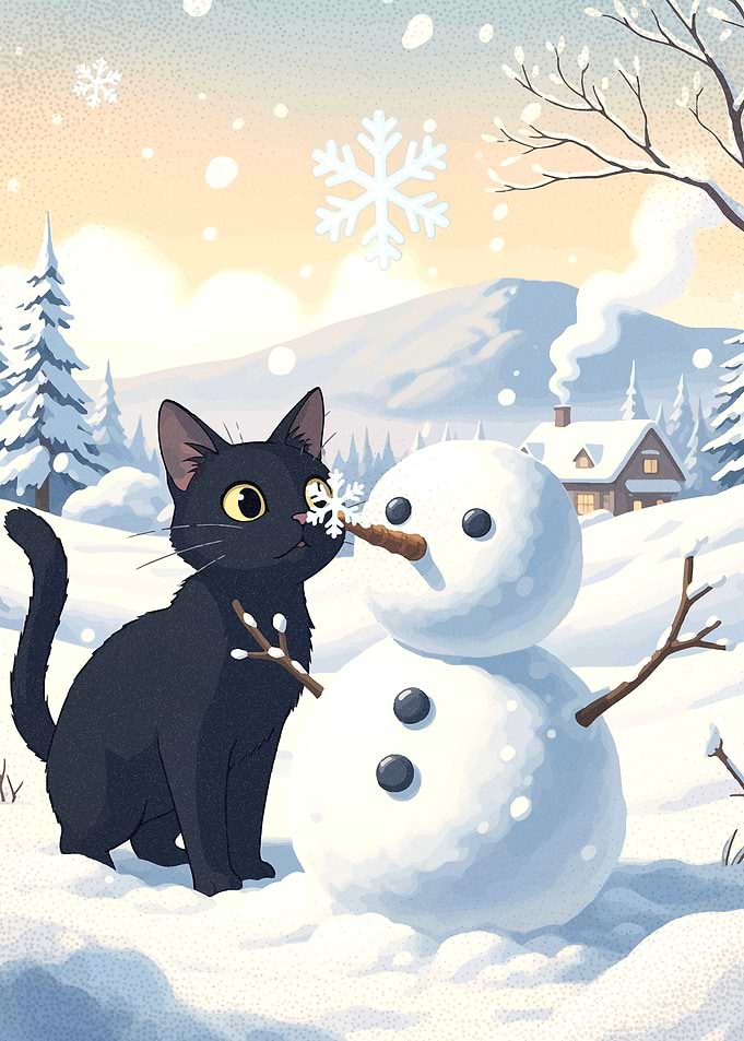 Black Cat and Snowman in Winter