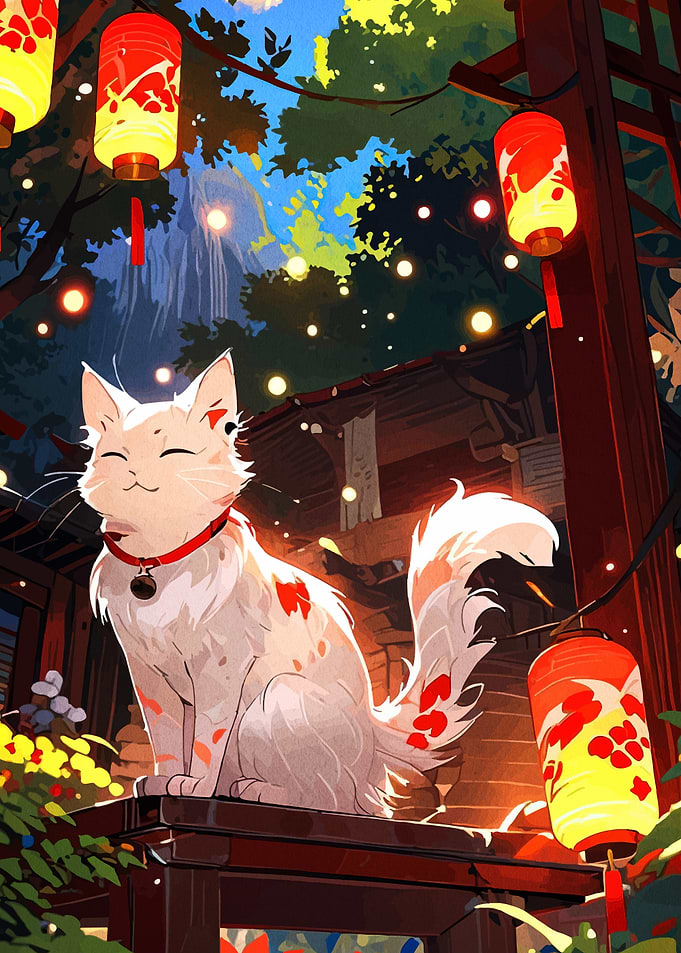Smiling Cat with Lanterns