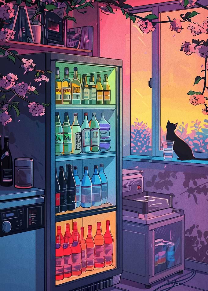 Anime-style room with fridge and cat