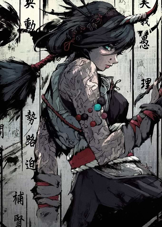 Horned Warrior Woman with Calligraphy Background