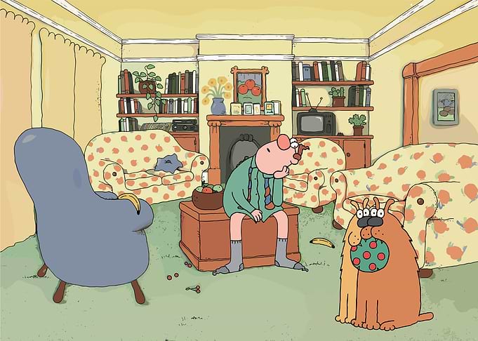 Cartoon man and dog in living room