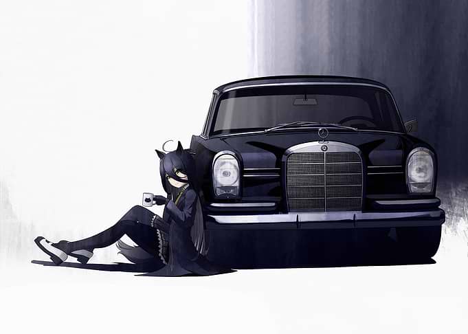 Anime Girl with Classic Mercedes-Benz