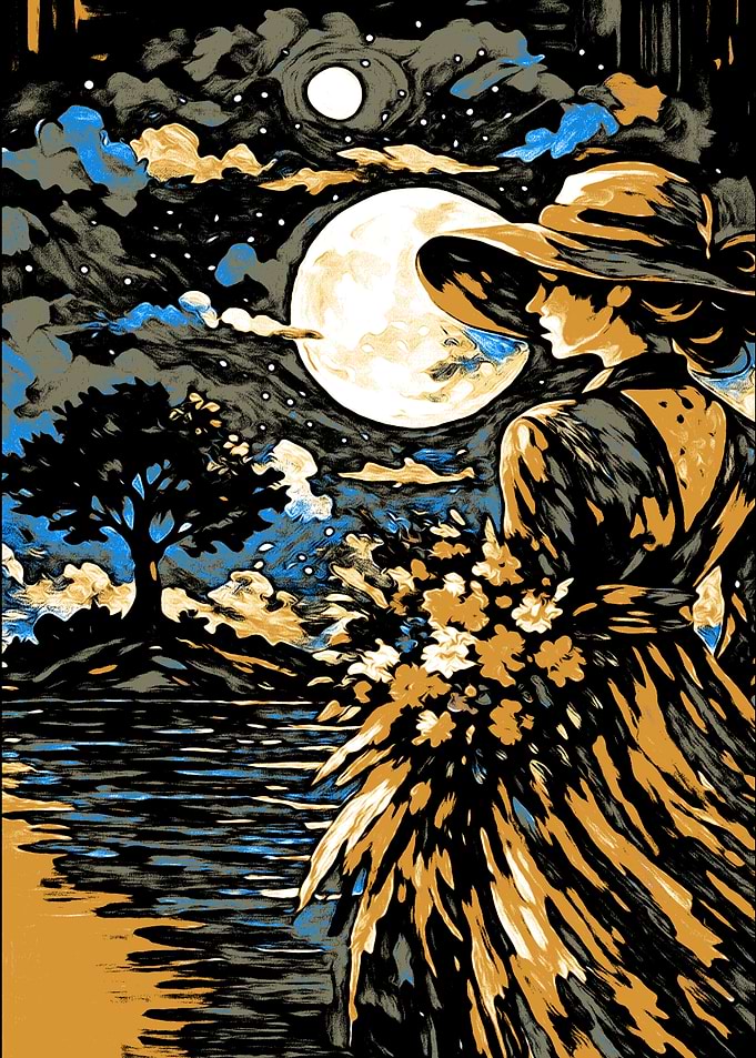 Woman with Flowers Under Moonlight