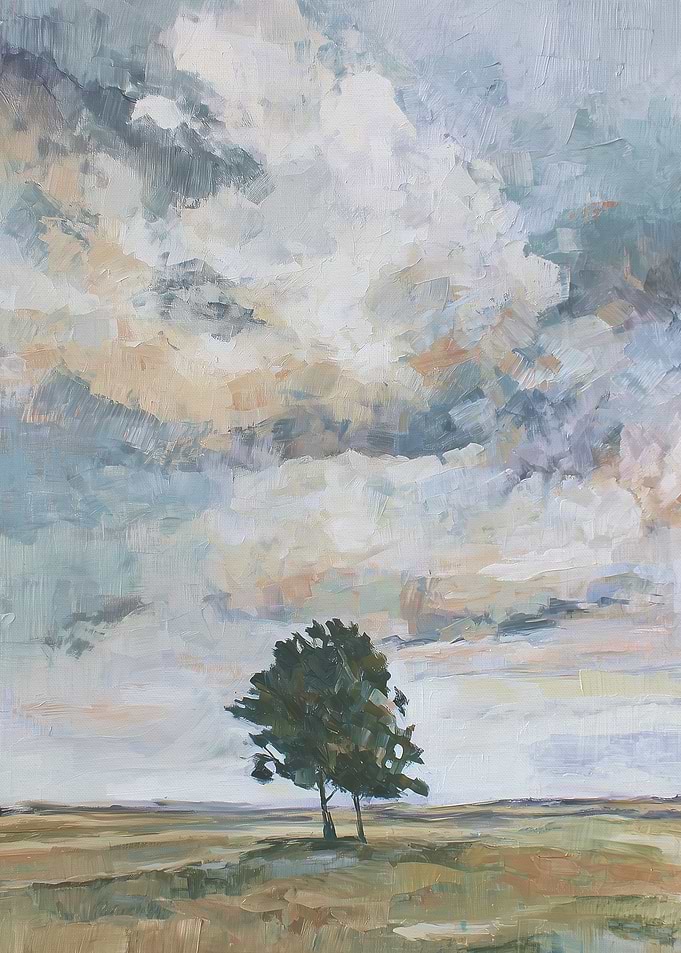 Lone Tree Under Cloudy Sky Painting