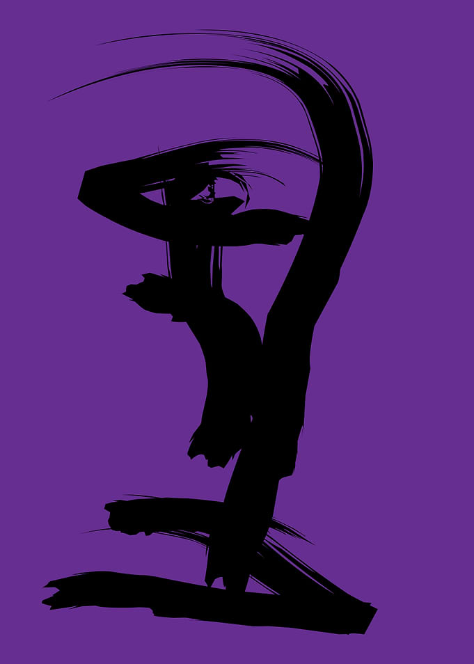 Minimalist Abstract Face in Black Ink with Purple Background – Modern Art