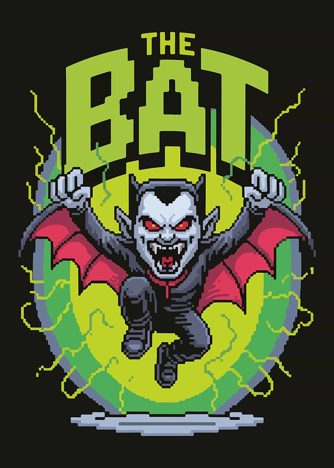 Pixel Art Vampire with 'The Bat' Text