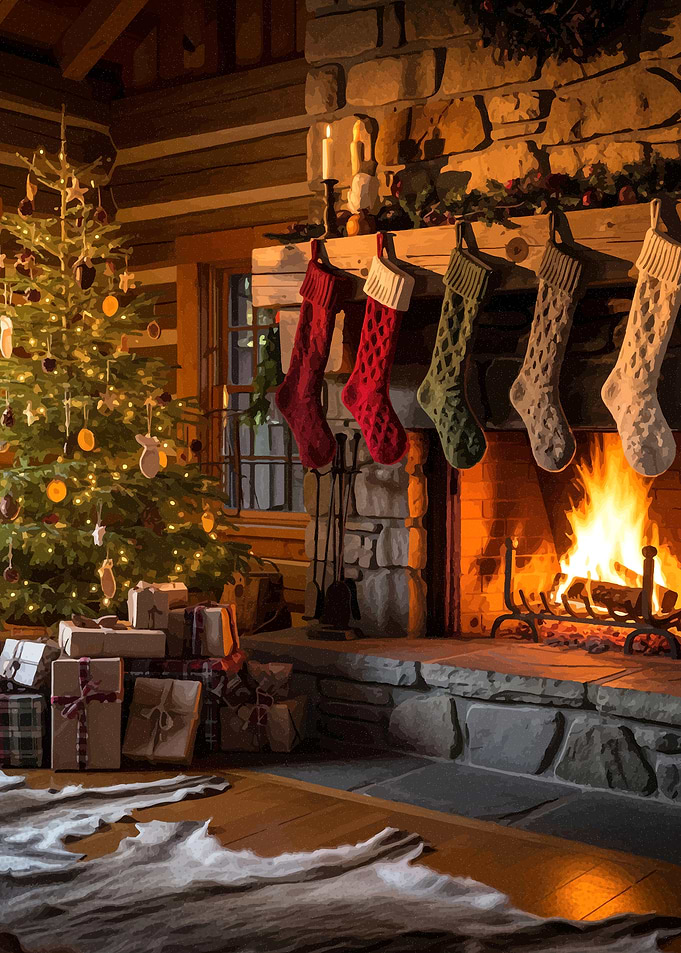 Cozy Christmas Fireplace with Stockings