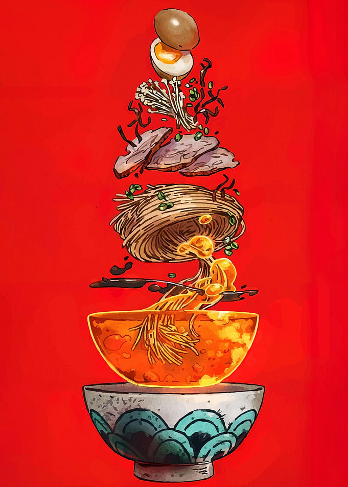 Exploded Ramen Bowl Illustration