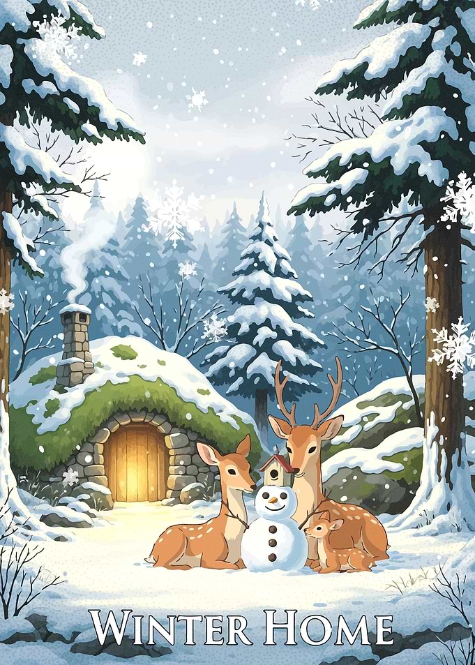 Winter Home with Deer Family